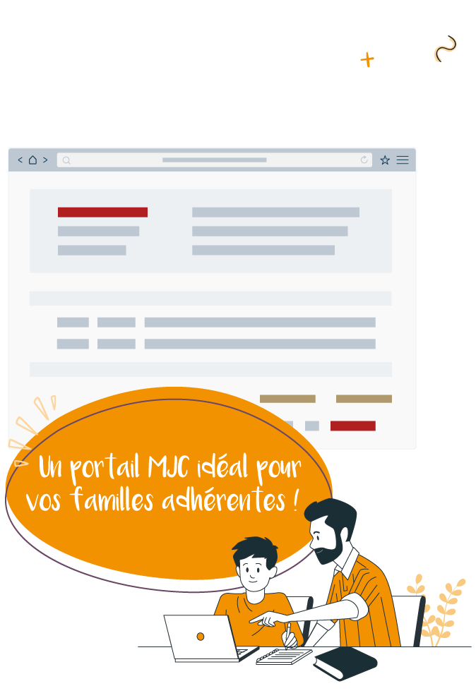 portail mjc famille inscriptions activites illustration d'un père de famille et son fils en train de s'inscrire en ligne à des activites mjc sur le portail mjc de linscription.com