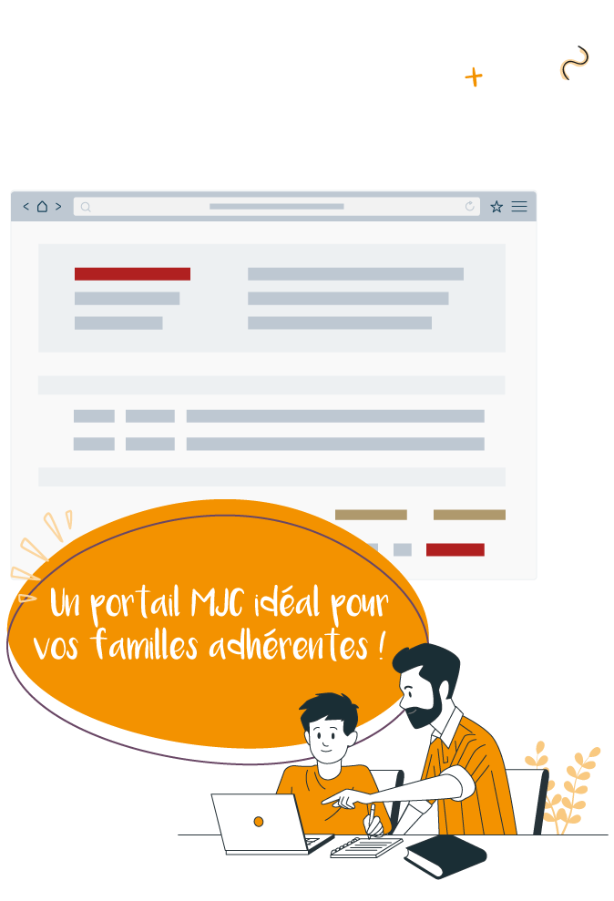 illustration d'un père de famille et son fils en train de s'inscrire en ligne à des activites mjc sur le portail mjc de linscription.com