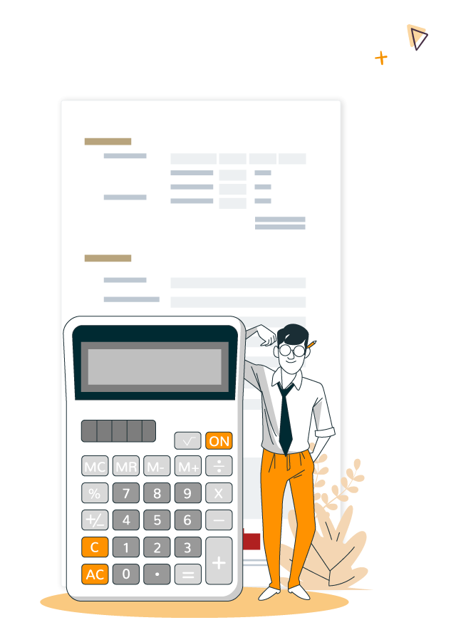 illustration d"un homme avec une calculatrice devant un formulaire d'inscription pour configurer les tarifs d'un événement en ligne