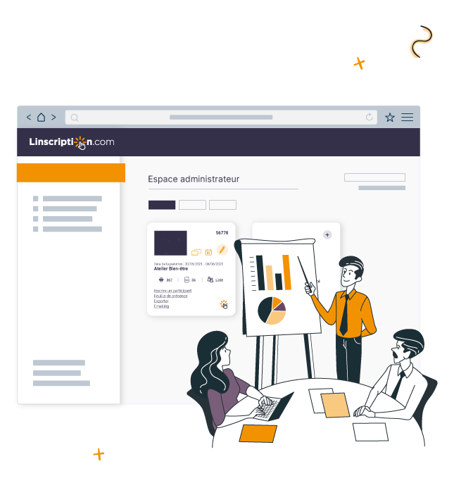 gestion-dinscription-en-ligne-entreprise illustration d'une réunion de collaborateur dans une entreprise avec en fond la console gestion des inscriptions des événements professionnels