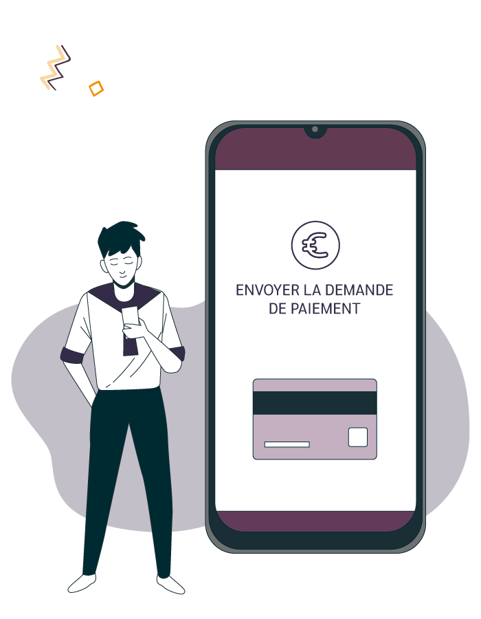 illustration d'un homme sur son téléphone qui envoi une demande de paiement avec la solution clic and pay linscription.com