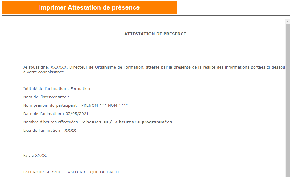 Exemple Attestation De Presence