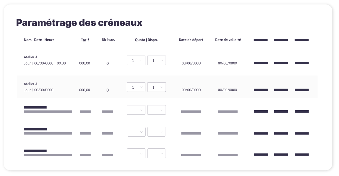 illustration de l'interface de gestion de créneaux de la solution d'inscription en ligne linscription.com