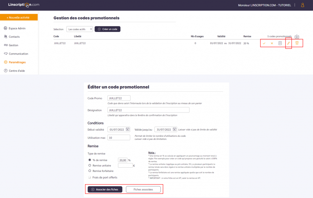 Créer un code promotionnel Édition d’un bon cadeau La plateforme de