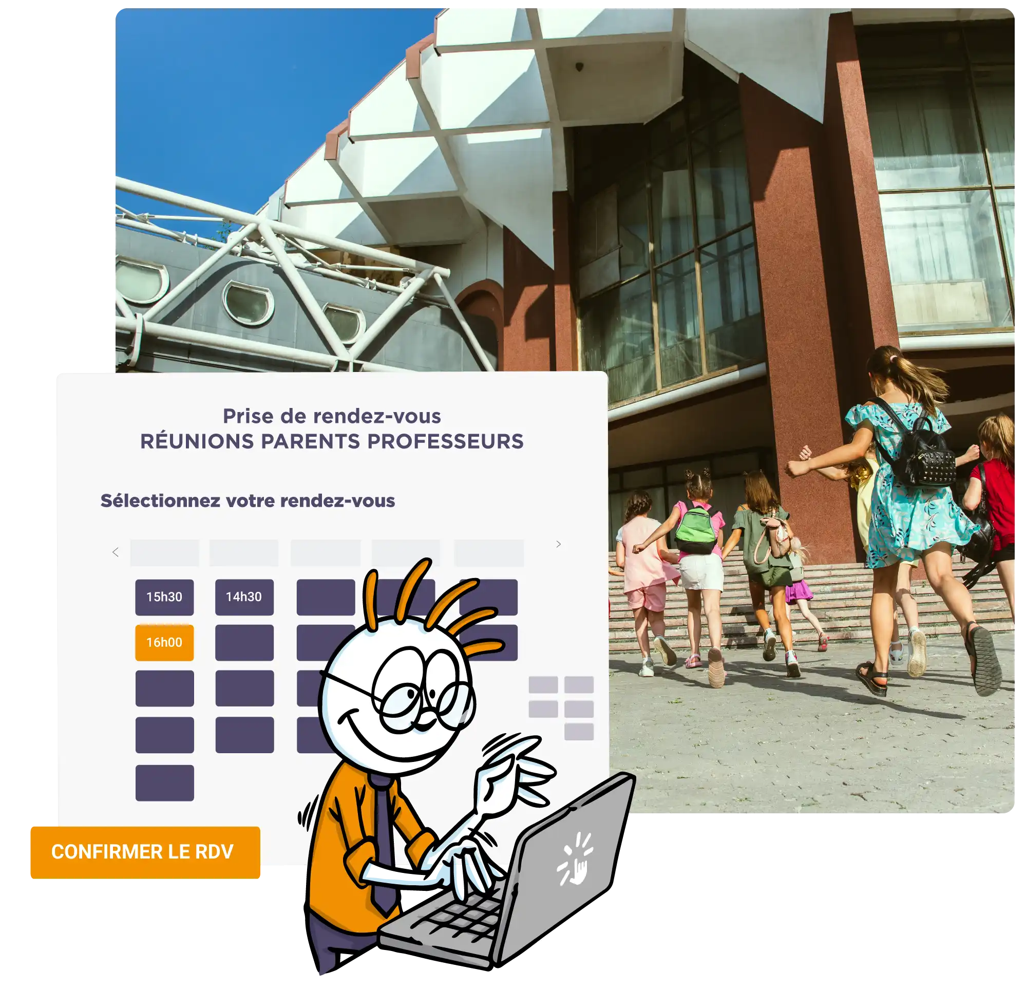 illustration et photo prise de rendez-vous à une activité scolaire sur la solution Linscription.com