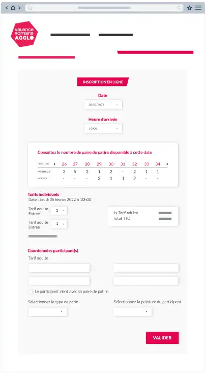 widget gestion réservations locations de patins en ligne illustration d'un widget de réservations en ligne pour l'accès et la location de patins d'une patinoire créé par Linscription.com